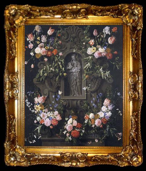 framed  Daniel Seghers Garland of flowers with a sculpture of the Virgin Mary, ta009-2